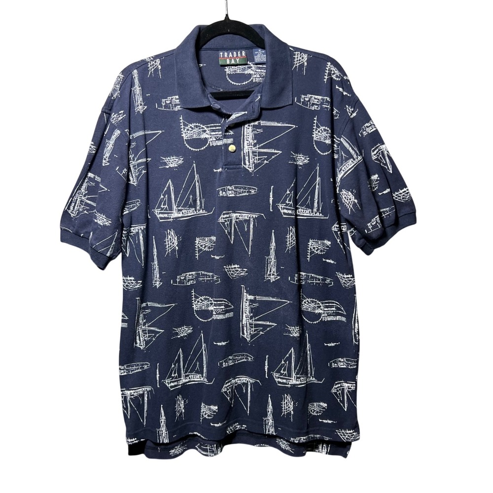 Vintage Trader Bay‎ Sailboat Blueprint Polo Shirt Medium Short Sleeve Blue